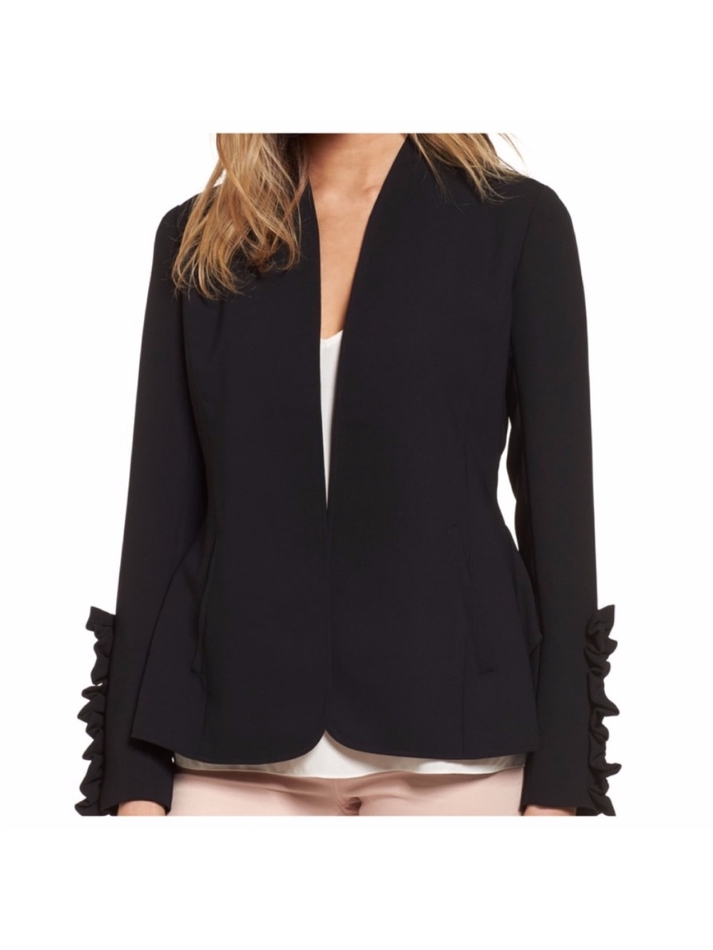 Trouvé Black Ruffle-Sleeve Open Front Blazer